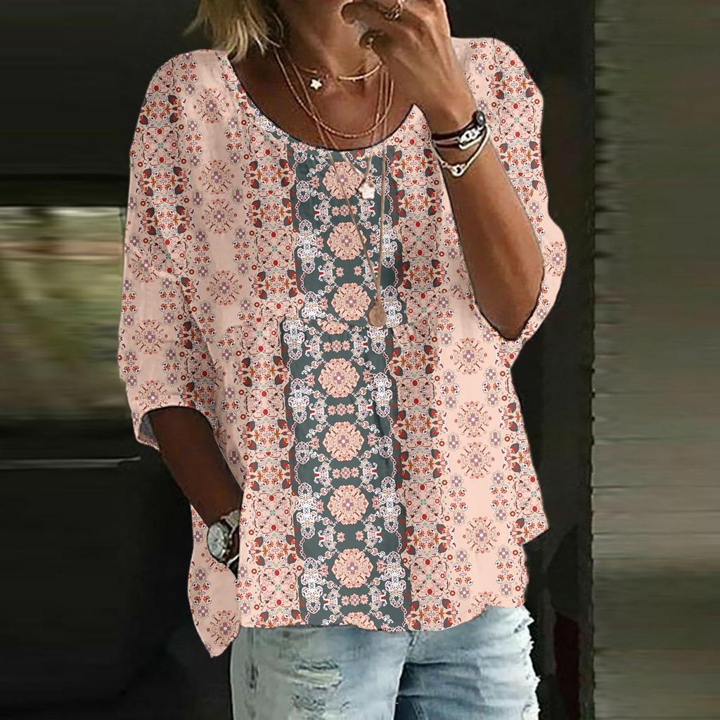 Dame Casual Mote Trekvartsermet Løs Rund Hals Blomsterprint Topp