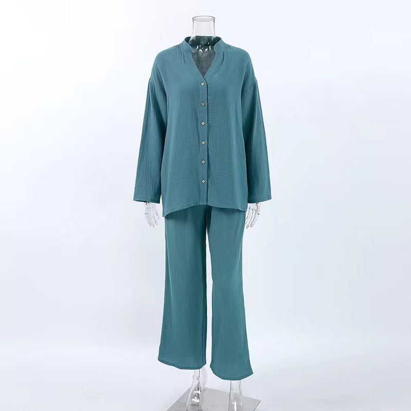 

Модный новый комплект: свободный топ с длинным рукавом и брюки. Модный костюм для дома, топ и брюки. Blue M