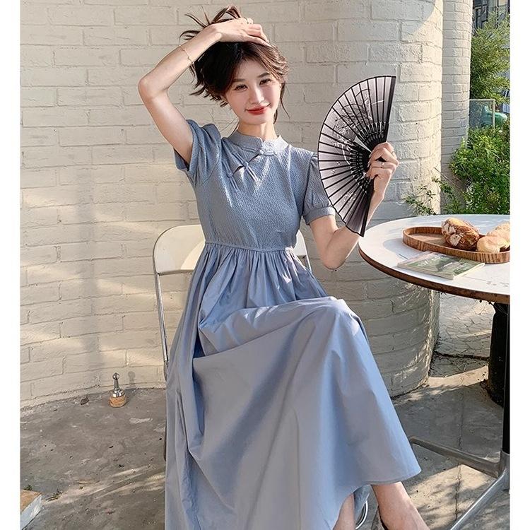 Blue New Chinese Dress Summer Women's 2026 New Cheongsam Improved Light Ripe Foreign Look Thin Long A-shaped Skirt