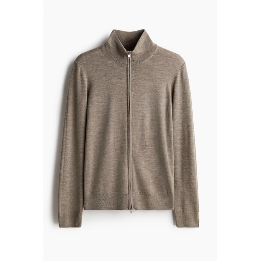 H M sliM Fit Merino Wool Zip Up Cardigan Grey