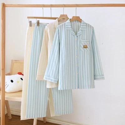 2026 Neues Frühjahr/Sommer Japanisches Damen-Pyjama-Set gestreift 100% Baumwolle Langarm Lange Hose Zweiteiliges Set Dünne Hauskleidung