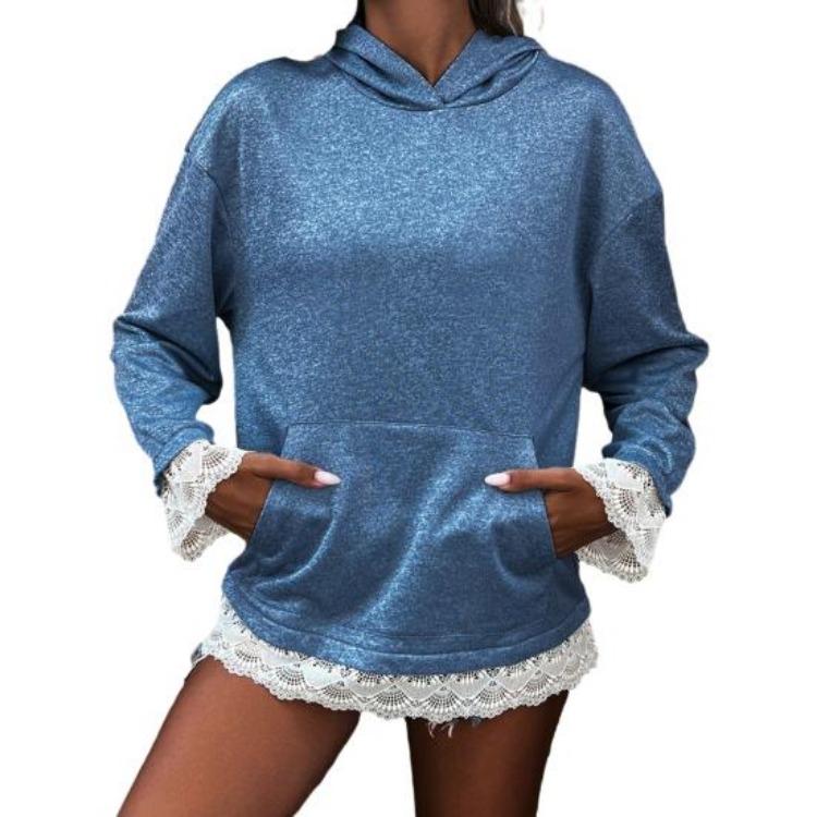 

Женская толстовка оверсайз с кружевной отделкой, пуловер, повседневная длинная свободная кофта с карманом, осенняя мода S королевский синий