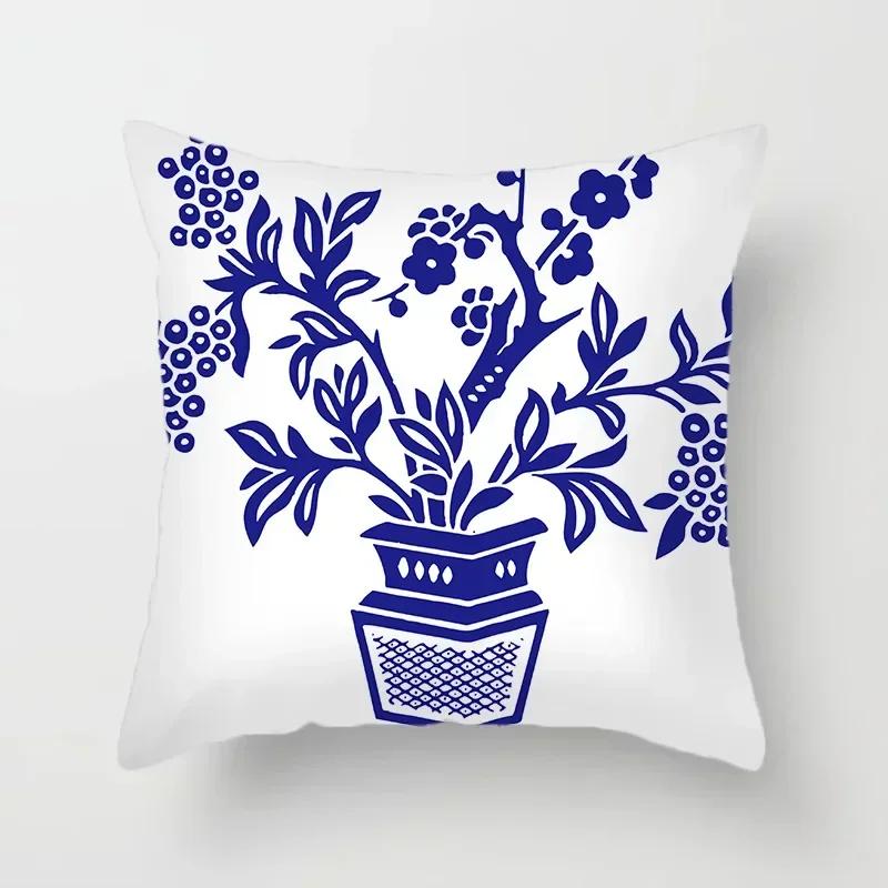 40/45/50/60Cm Blue Geometric Floral Printed Pillow Case Soft Cushion Cover For Home Sofa Car Bedroom Pillow Covers
