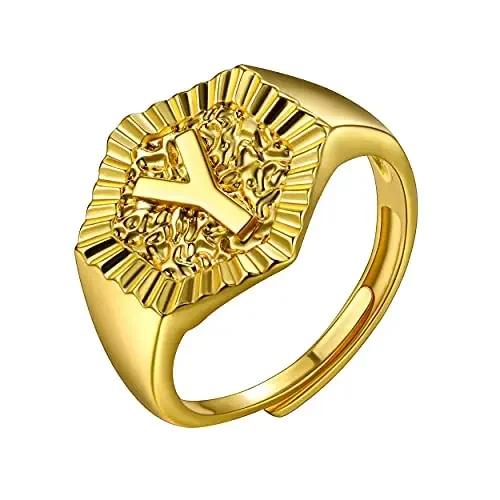 Hexagon Surface 3D Embossed A-Z Initial Letter Rings for Man Woman Adjustable Size A-Z 14k Gold Color Family Signet Jewelry