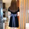 2025 Summer Women's Petite Little Black Dress with Square Neck and High Waist Slimming Mesh Front