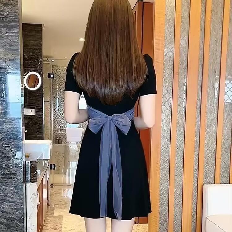 2025 Summer Women's Petite Little Black Dress with Square Neck and High Waist Slimming Mesh Front
