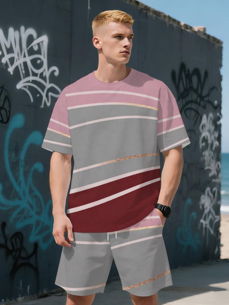 

Red, gray and pink contrast pattern men s short-sleeved T-shirt + shorts set XL