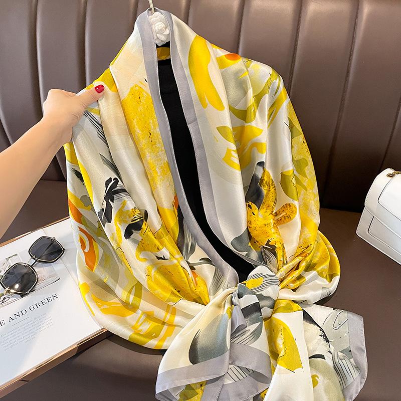 Painting Floral Design 100% Silk Feeling Scarf For Women 180X90Cm Shawl Wraps Luxury Female Hijab Headband Foulard Beach Stoles