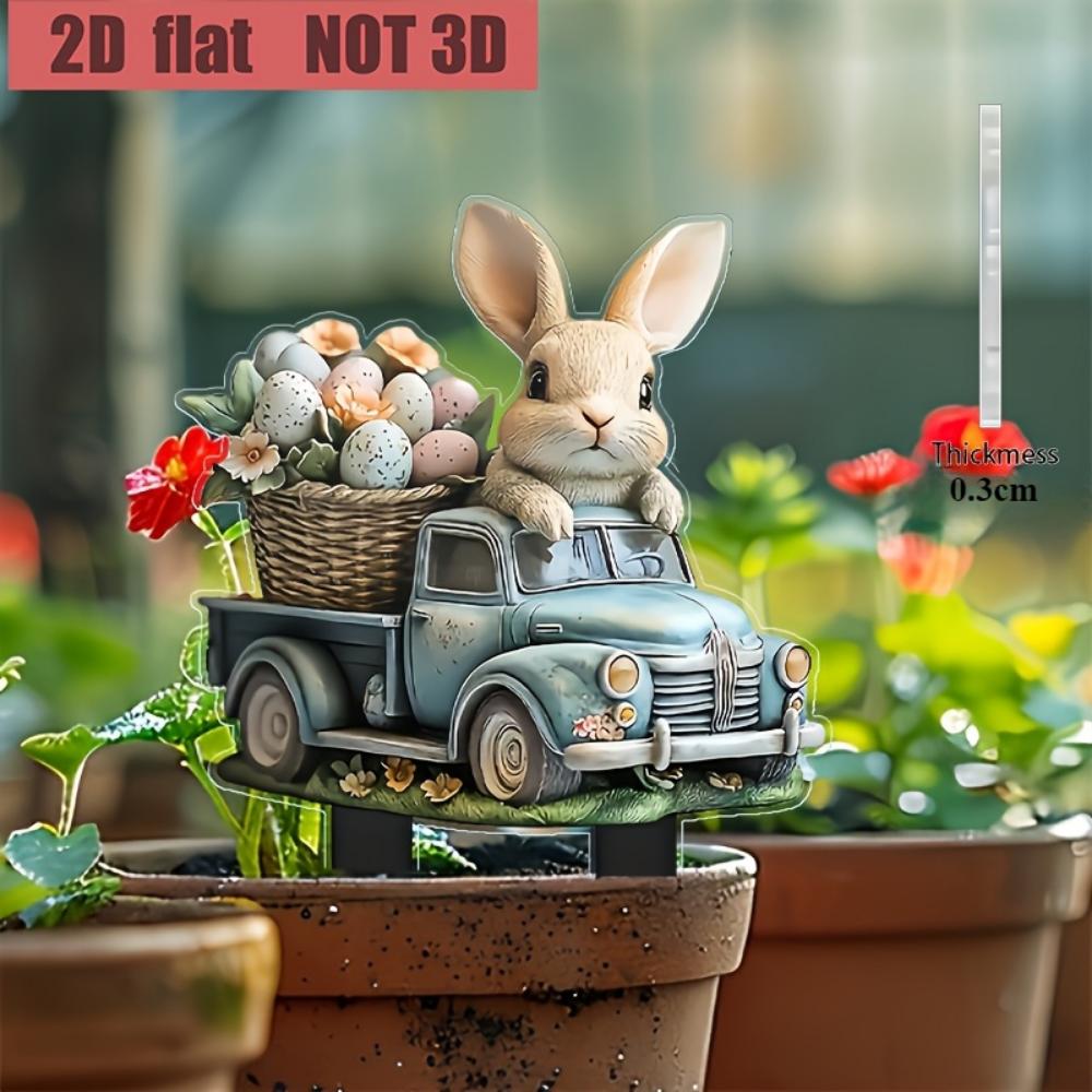 Charming bunnies and vintage trucks, 2D flat acrylic, decorative, suitable for gardens, lawns, potted plants, suitable for Christmas, Halloween