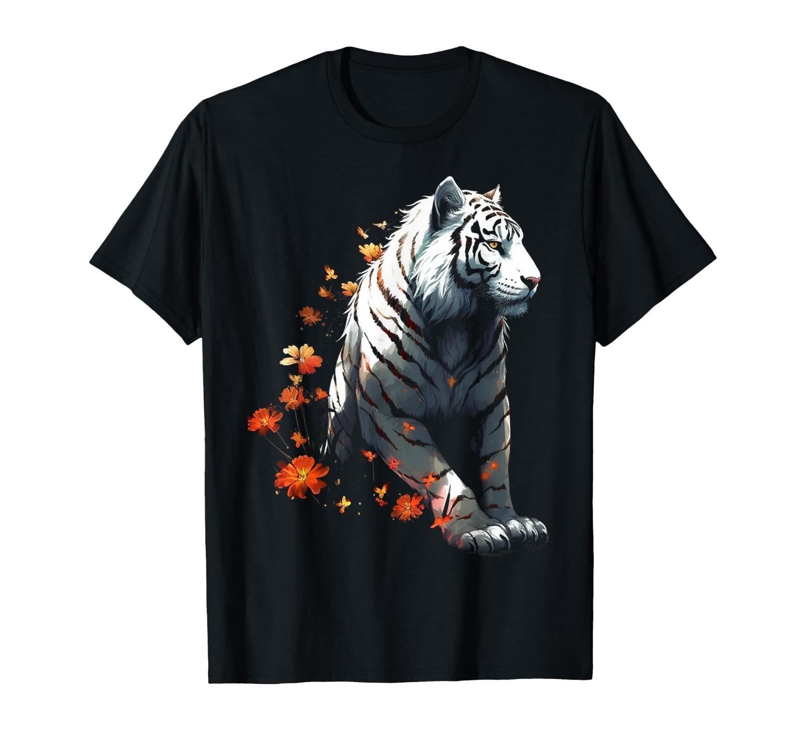 Tiger in White - Flowers Artwork - Animal Art Tiger T-Shirt Mens Womens Tees Top S