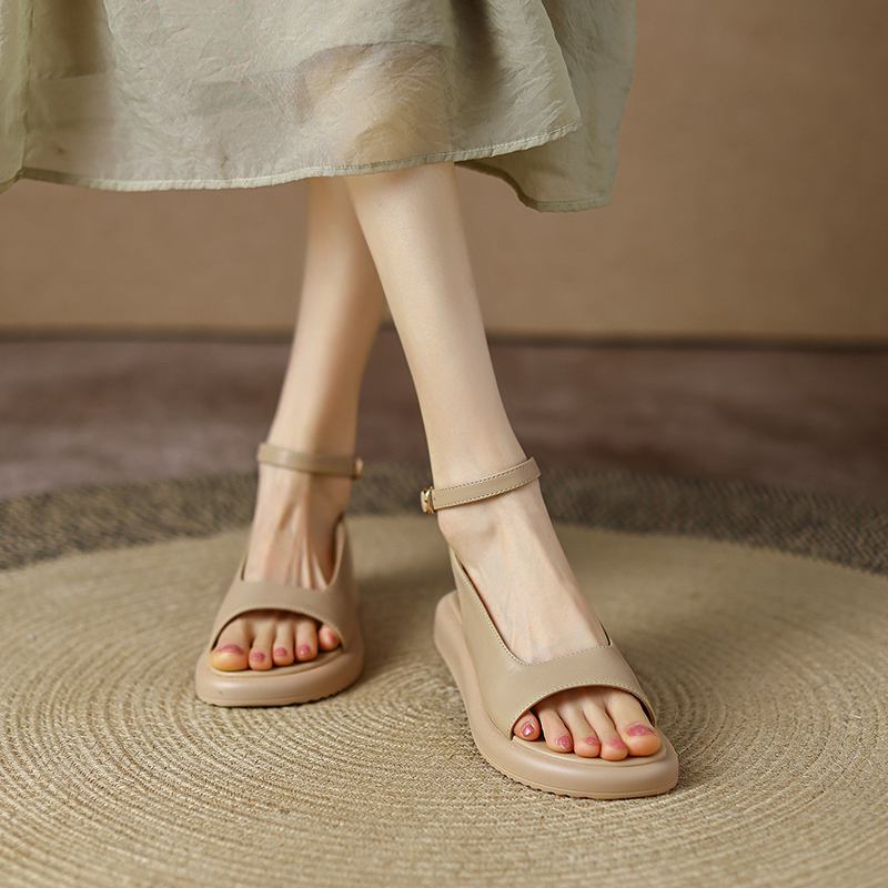 Krazing Pot Microfibră Peep Toe Tocuri joase Vară Platformă Plată Glezna Cataramă Femei Sandale de agrement