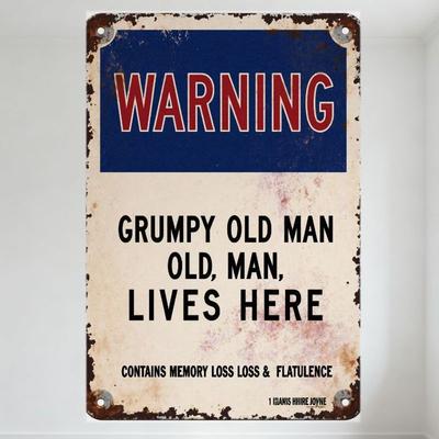Vintage Grumpy Old Man Warning Metal Tin Sign - Distressed Rusty Blue White Warning Plaque with 'MEMORY LOSS & FLATULENCE' for M