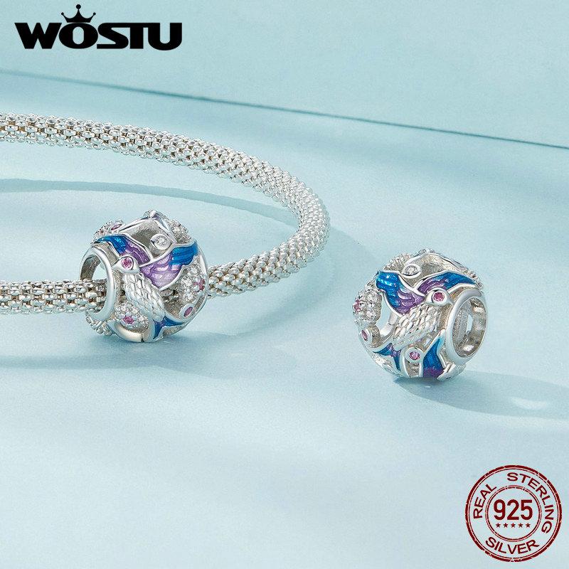 WOSTU Charm-Perlen aus 925er Sterlingsilber mit Eisvogel-Motiv, in Regenbogenfarben, passend für originale Armbänder, DIY-Halsketten, Schmuckherstellung, Geschenk