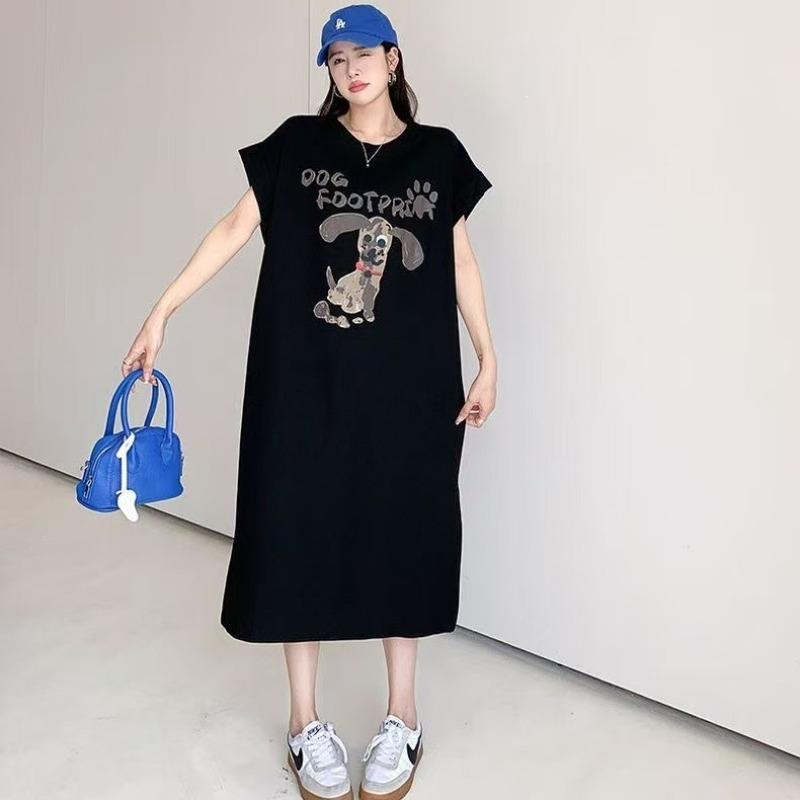 Cartoon Dog Print Short-sleeved Loose-fitting Slimming and Lazy Style Slit Female Dress