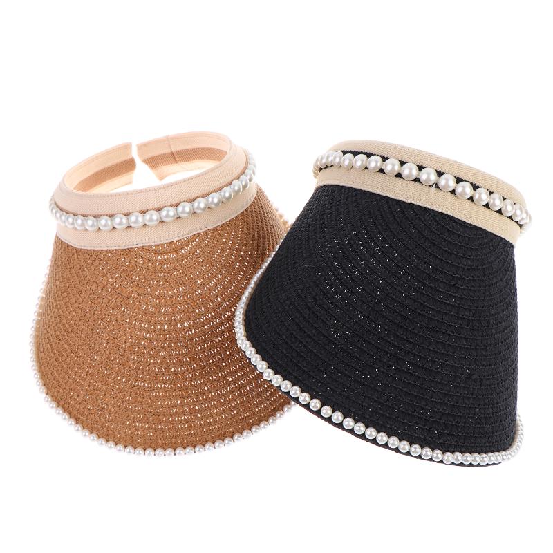 Imitation Pearl Empty Top Straw Hats For Women Casual Summer Beach Visor Caps Foldable Wide Large Brim Sun Uv Protection Caps