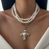 Breezy Cross Alloy Pendant Chain French Elegant Pearl Beaded Necklace