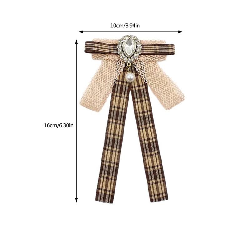 Vintage Brown Plaids Ribbon Pre Tied Bowtie Brooch Pin Women Corsage Shirt Jabot Collar Uniform Bowknot Necktie Clip