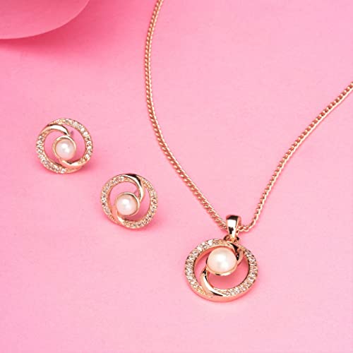 Estele Rose Gold Plated CZ Whirlpool Designer Necklace Set with Pearl for Women
