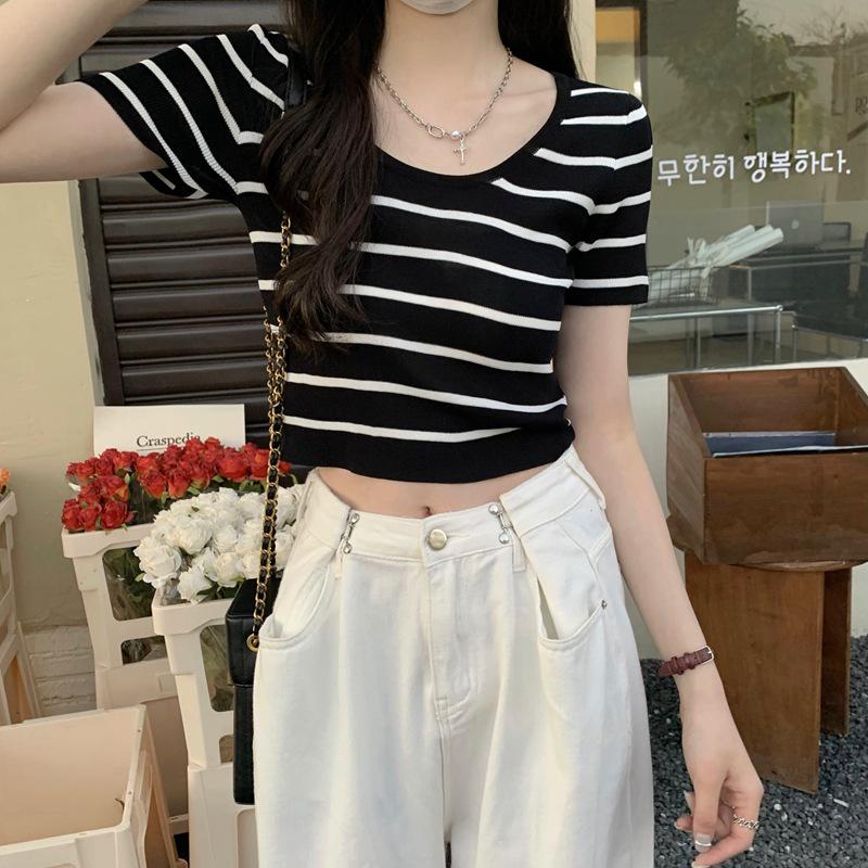 

Женская полосатая трикотажная футболка с коротким рукавом - Модный летний топ 2022 облегающего кроя One Size