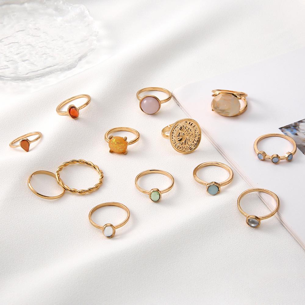 Inlaid Diamond Baroque Vintage Stackable Ring Set: 13-Piece Jelly Color Creative Style Rings for Women