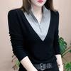Unique Design Top Autumn and Winter New German Velvet Splicing Color Stand-up Collar Long-sleeved Thin Warm Bottoming Shirt Women