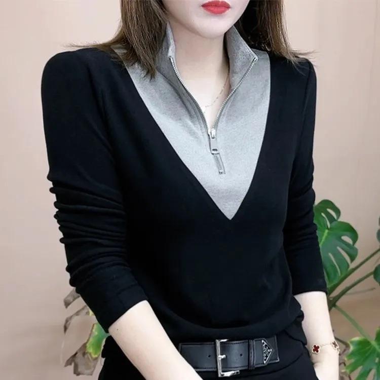 Unique design top autumn and winter new German velvet splicing color stand-up collar long-sleeved thin warm bottoming shirt women