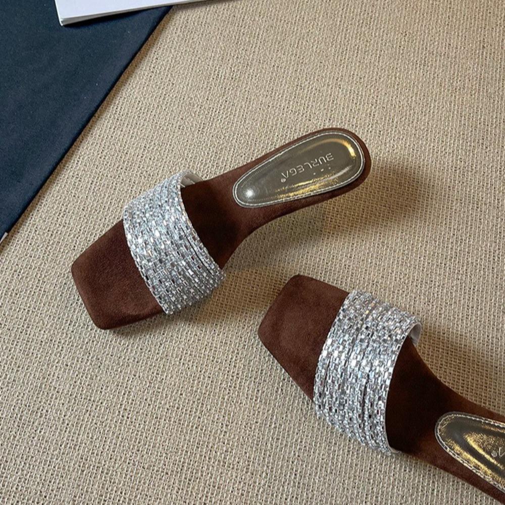 Fashion Slippers Woman Sandals French Temperament Exquisite Rhinestone Slippers Summer Wear Low Heel Slope Square Head Cool Slippers