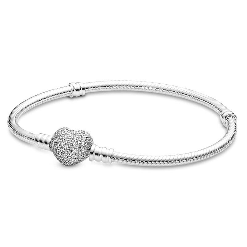 925 Silver Heart Charm Bracelet for Women Smooth Snake Bone Fine Jewelry Holiday Gift