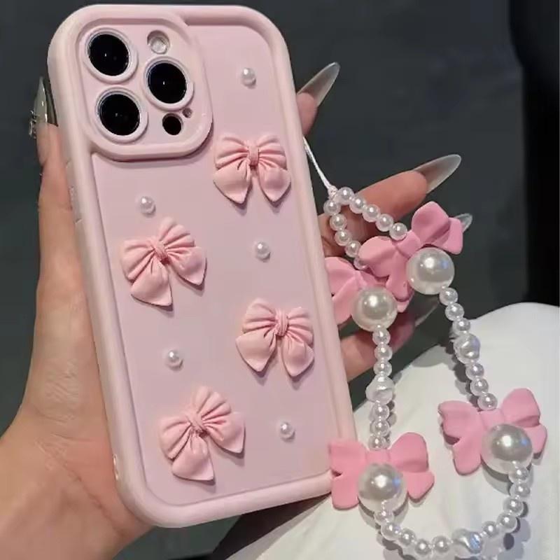 

3D Силіконовий чохол з перлами та бантиком для iPhone 16 17 Pro 15 14 13 12 11 Pro Max 16E 7 8 Plus зі шнурком м яка накладка iPhone 7
