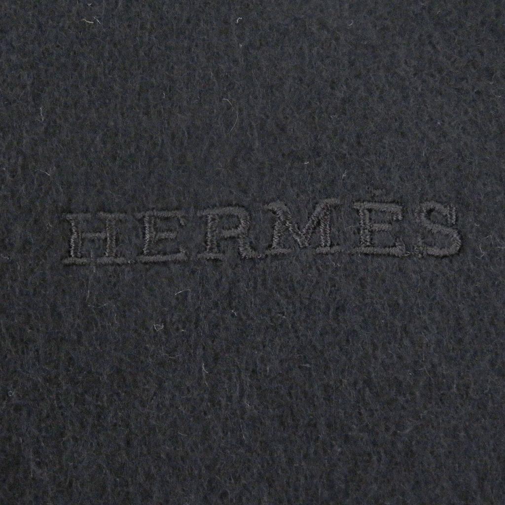Great HERMES Scarf Logo Embroidery Embroidery Fringe black cashmere Used