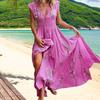 Women Dress Floral Print Lace-up Summer Bohemian Vintage Maxi Dress for Beach