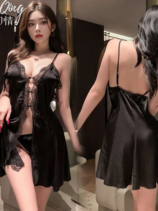 Sexy Slit Strap Nightdress Imitation Silk Summer Backless Bed Flirting Pure Desire Erotic Women'S Dress Elegant V Neck Top Uy5T