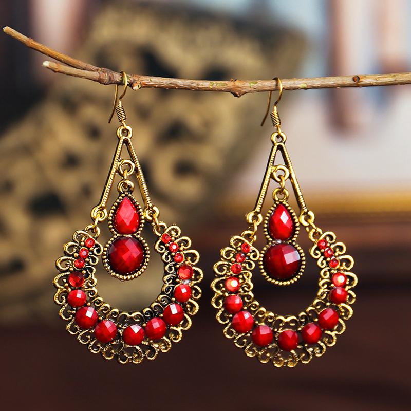 Ethnic Vintage Red Temperament Long Dangle Earrings for Women Flower Peacock and Water Drop Design Wedding Party Jewelry