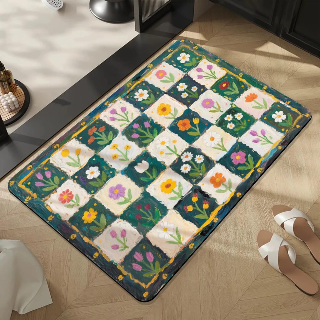 Checkerboard Oil Painting Flower Printed Bathroom Bedroom Floor Mat Anti-Slip Colorful Bathroom Door Carpet Home Decoration