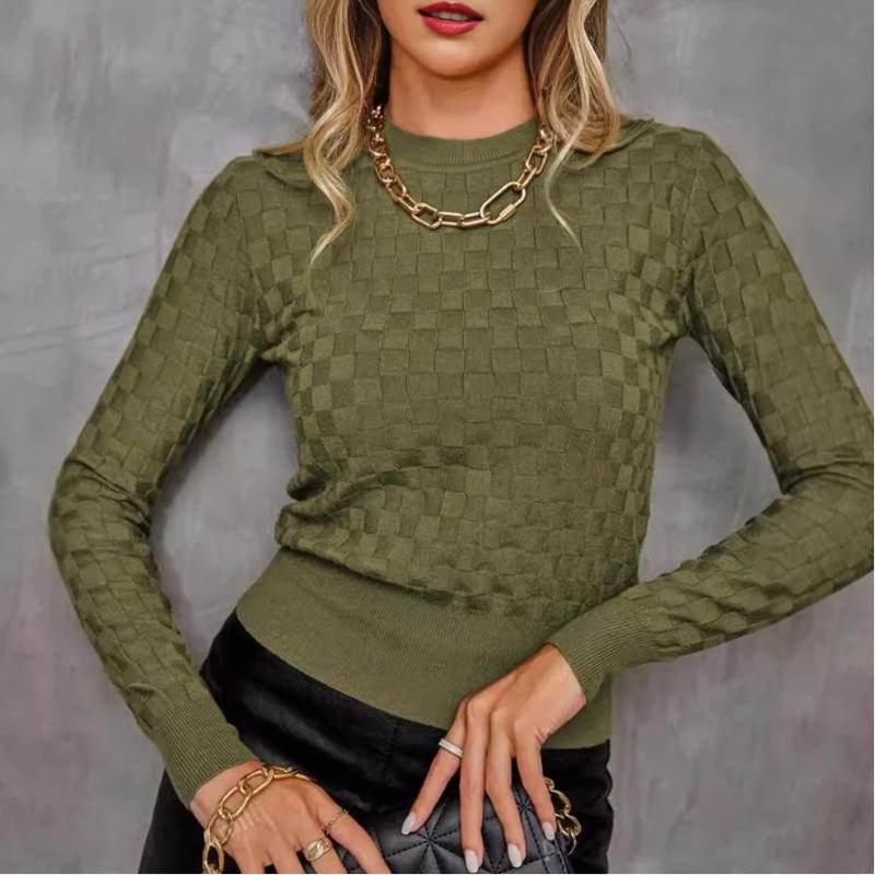 

European And American Autumn New Arrival Elegant Crew Neck Solid Color Slim Fit Knitwear Versatile Pullover Top For Women S зелений