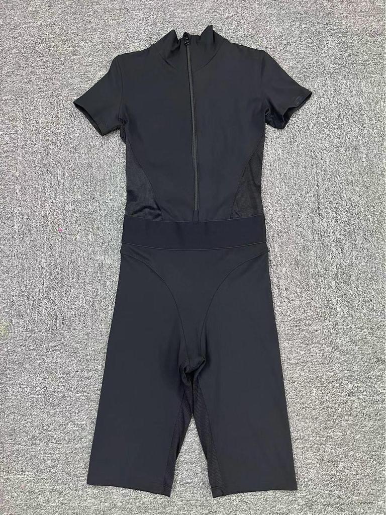 Women's Waist-Hugging Open-Neck Short-Sleeve Mesh Patchwork Yoga Jumpsuit - Fitness Sportswear