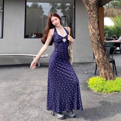 French Lace Neck V-neck Floral Dress Women's Summer New Waist Design Holiday Long Skirt