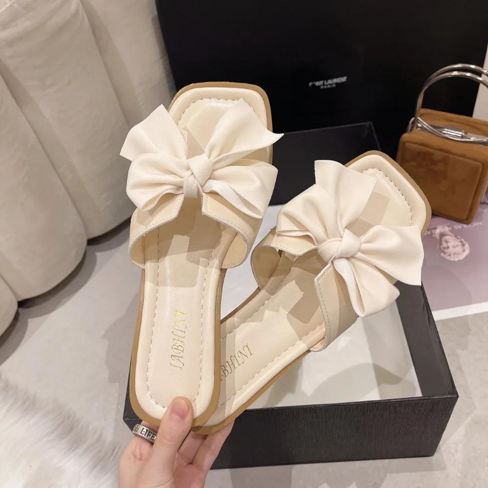 Women's Summer New Style Casual Flat Shoes for Outdoor Wear, Fashionable and Versatile Butterfly Bow French One-piece Slippers