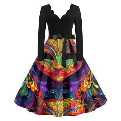 Women's Casual Fashion V Neck Long Sleeve Printed Vintage Long Dress
