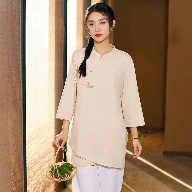 

Johnature Women Chinese Style Embroidery Floral Shirts Tops Stand Blouses Solid Color Women Shirts