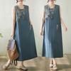 Women's Sleeveless Denim Dress with Embroidery and Frog Buttons Loose Fit Long A-Line Vest Dress
