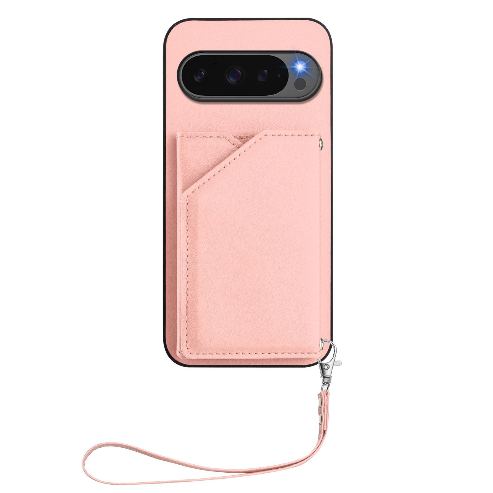

For Google Pixel 10 Pro/Google Pixel 10 Case Card Holder Kickstand Skin-Touch Phone Cover with Wrist Strap Light Purple