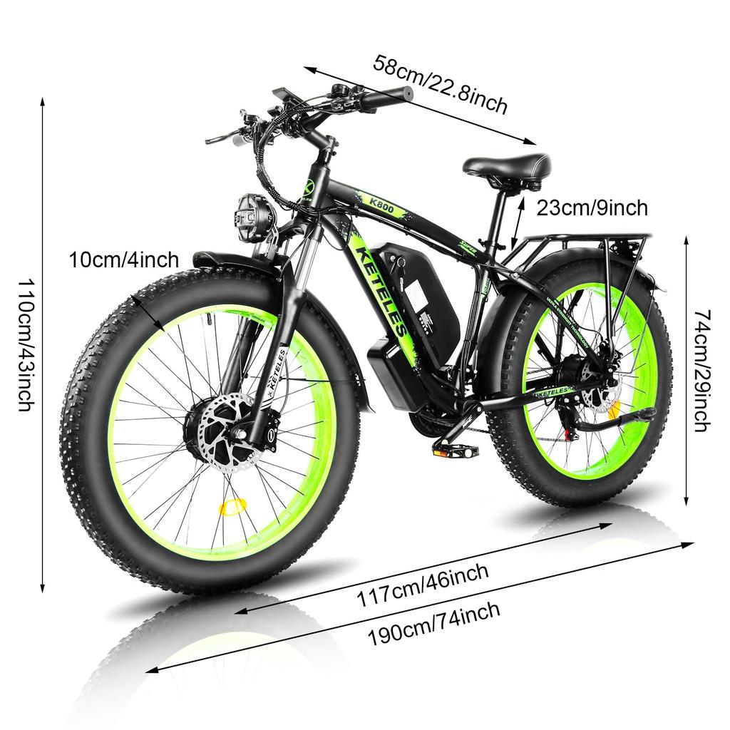 KETELES K800 Dual Motor Electric Bike with 2000W, 48V 23AH Battery, 26" Fat Tires, Lockable Suspension Fork Road E-Bike
