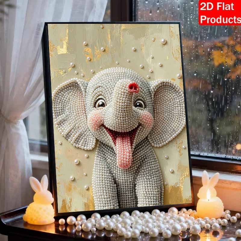 Sparkling Framed Pearl Painting Kit DIY with Cute Baby Elephant 3D Bead Art Canvas Ready To Display Home Wall Decor Gift Set for Crafting