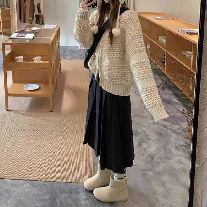 Women's Retro Korean Cable Knit Zipper Cardigan – Autumn/Winter Loose Round Neck Solid Knitwear