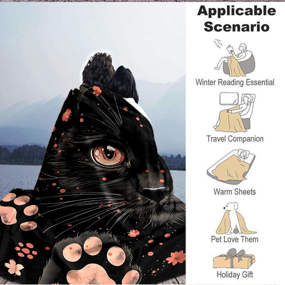 1pc Black Cat Print Blanket, Lightweight Flannel Throw For Sofa, Bed, Travel, Camping, Livingroom, Office, Couch, Chair
