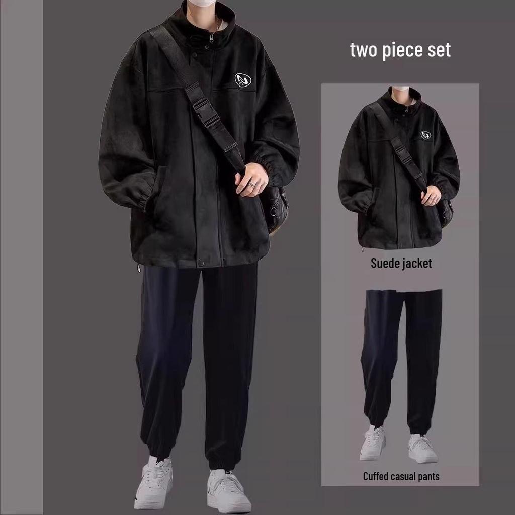 Men's Trendy Three-Piece Set: Autumn/Winter Suede Jacket, Cotton Coat, Casual Student Outfit