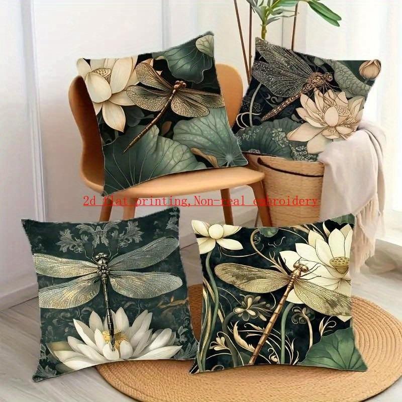 Vintage Lotus & Dragonfly Pillowcase: Elegant Dark Botanical-Themed Cushion Cover For Oriental Zen Home Sofa Decor