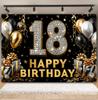 Black and Gold Balloon Gift Theme 18th Birthday Banner Backdrop Cloth Adult Gift Birthday Party Decoration Photography Backdrop