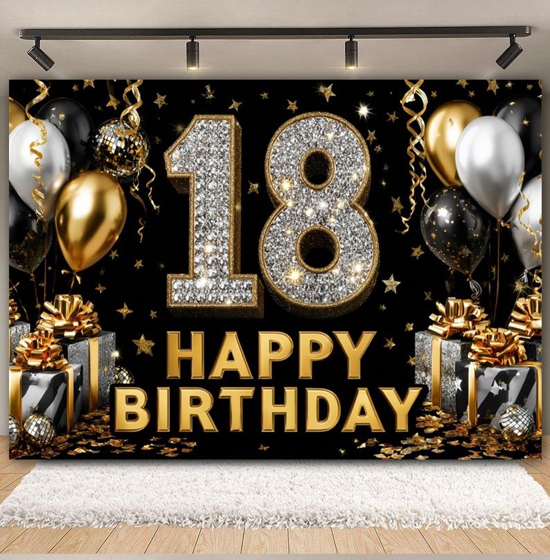 Black Gold Pink Blue Balloon Ribbon Theme Backdrop, Coming of Age Gift 18th Birthday Party Decoration Photography Backdrop Cloth Vinyl 75X50cm